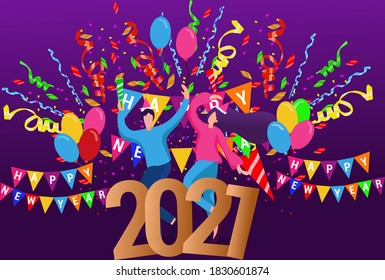 he happy new year 2021 concept people are celebrating the new year with balloon and fireworks can use for web banner poster landing page web template vector illustration