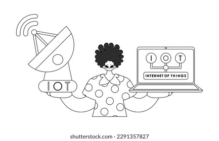 He has an antenna and laptop to work with IoT data, drawn in linear vector style