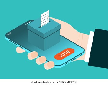 he has the concept of online voting with a phone in his hand. Vector illustration in isometric style.