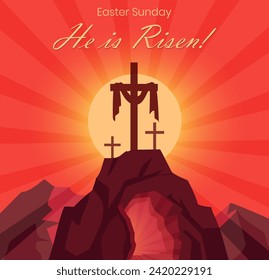 He has risen. Resurrection illustration, Easter Sunday religious greeting card, poster. Flat vector design.