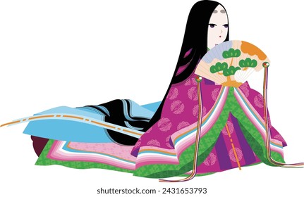He has a wooden fan. A woman wearing the Japanese kimono "Junihitoe"