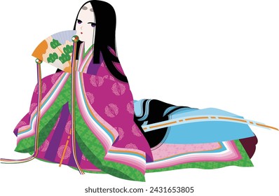 He has a wooden fan. A woman wearing the Japanese kimono "Junihitoe"