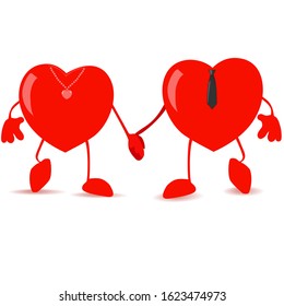 He & Her Together Forever. Sweet Heart Icons Holding Hands. 3D Vector Illustration