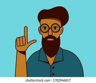 he hipster with round glasses held up a finger. Vector illustration