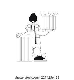 He holds a box, a delivery of parcels in a straight line illustration.