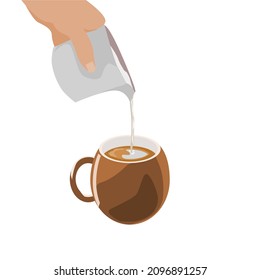 He holds the cup of milk tong onto the espresso cup.how to make coffee latte.Isolated vector illustration on a white background.