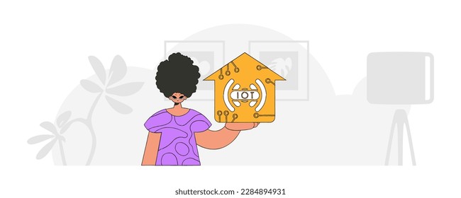 He holds an IoT logo, sitting on the floor in a modern character style.