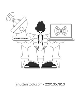 He holds a laptop and an antenna, working IoT data in vector linear form