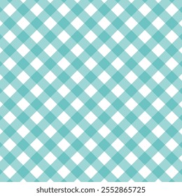 A imagem mostra um padrão clássico de gingham xadrez em azul-petróleo suave e branco. O design consiste em linhas diagonais que formam quadrados espaçados uniformemente, criando uma grade simétrica. Este pa