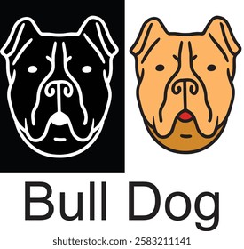 he image shows two stylized illustrations of a bulldog's face side by side. The left illustration is a white outline on a black background, while the right illustration is a colored version