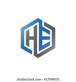 HE initial letters looping linked hexagon logo black gray blue