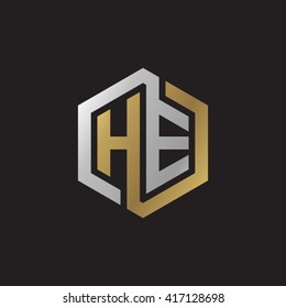 HE initial letters looping linked hexagon elegant logo golden silver black background