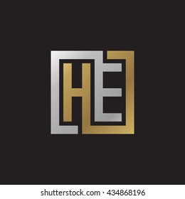 HE initial letters looping linked square elegant logo golden silver black background