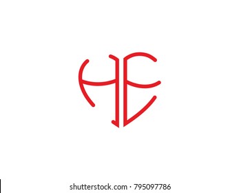 HE initial logo letter with heart shape red colored, logo design for wedding invitation, wedding name and business name.