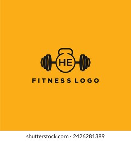 HE initial monogram for fitnes or gym logo with creative barbell design