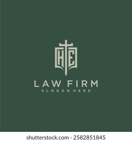 HE initial monogram for law firm with sword and shield logo image