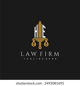 HE initial monogram for lawfirm logo with sword and scale