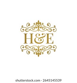 HE initials logo ornament gold. Letter HE wedding ampersand or business partner symbol