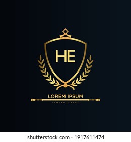 HE Letter Initial mit Royal Template.elegant mit Kronlogo Vektorgrafik, Creative Lettering Logo Vektor Illustration.