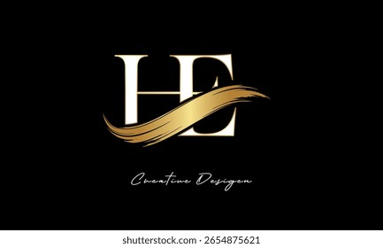 HE Letter Monogram Logo – Elegant Gold Brush Stroke Letter mark for Luxury Branding, Fashion, Boutique  Premium Identity Design
