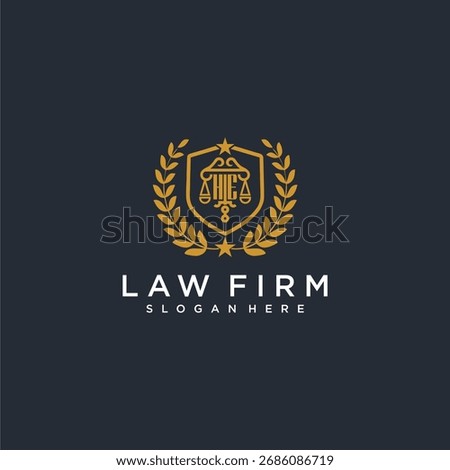 HE letter monogram logo for lawfirm with pillar and leaf image design