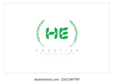 HE letters eco logo with leaf. Fresh nature and healthy leaf logo design.