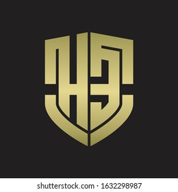 HE Logo monogram with emblem shield shape design isolated gold colors on black background