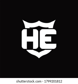 Monograma del logotipo HE con escudo alrededor de la plantilla de diseño de forma de la corona