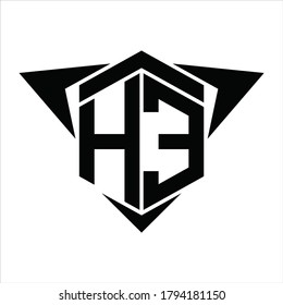 Monograma del logotipo HE con flecha de alas alrededor de la plantilla de diseño sobre fondo blanco