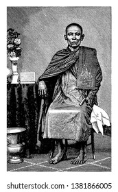 He is looking like a Buddhism priest, vintage line drawing or engraving illustration.