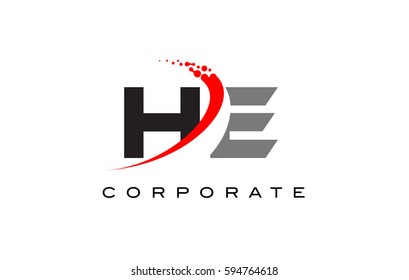 HE Modern Letter Logo Design with Red Swoosh and Dots
