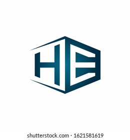 HE monogram logo with hexagon shape and negative space style ribbon design template