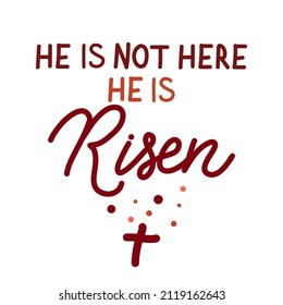 He is not here He is risen Easter holiday calligraphy lettering. Christian religious card for Easter celebration. Jesus Christ resurrection poster. Vector illustration