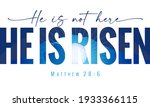 He is not here He is Risen - elegant lettering quote with Calvary and caves on the background. Easter Sunday, Holy Week postcard with sunrise and text Matthew 28:6. Vector illustration