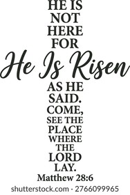 He Is Not Here He Is Risen Matthew 28:6 – Cross Shape Bible Verse Easter Christian Typography Vector Design