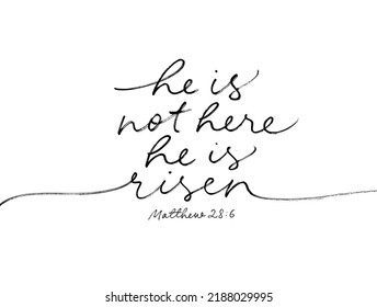 He is not here He is Risen simple line calligraphy. Hand lettering phrase about God. Easter Sunday, Holy Week postcard with text Matthew 28:6. Biblical black vector lettering with swashes.