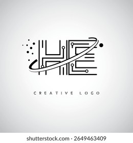 Logotipo do Monograma da Órbita HE - Marca de Letra Mínima Futurista com Linha de Arte Circular, Pontos Inspirados na Tecnologia e Conceito de Movimento Espacial para Identidade de Marca Moderna