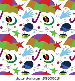 he patternis a Fantasy inspired by Juan Miro. Blue, yellow, red, green, colors. Umbrella, eyes, stars, moon, abstract figures, stars. Art design for print, cover, paper, wallpaper, textile. 