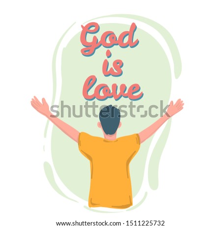 He raises his hands to praise God. Cartoon style as a vector.