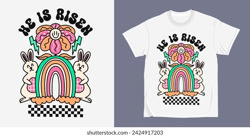He is risen 90s Retro easter groovy cartoon character, easter t shirt design vector. Hippie easter illustration for print