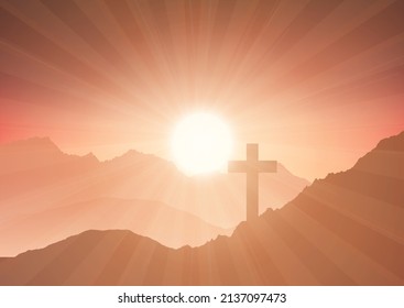 He is risen background with cross against a sunburst sky