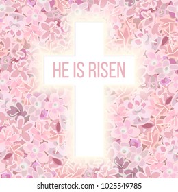 He is risen. Bible quote, Holy Cross on pink flower background carnation, crane's-bill or meadow geranium wildflower, violet. Vector. floral collection. Design for invitation or greeting cards