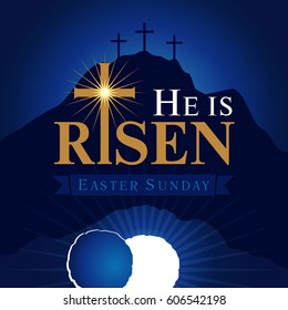 He is risen card. Easter christian motive, with text He is risen on on a background of rolled away from the tomb stone of Calvary