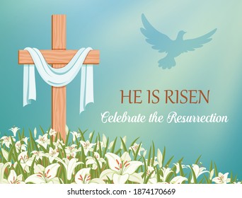 He is risen, celebrate the resurrection. Cross with shroud and lilies against the blue sky. The dove flies in the rays of light. Religious symbols of Good Friday and Easter. Vector illustration