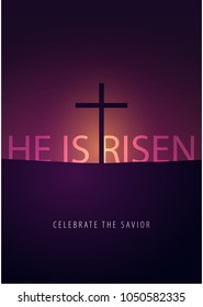 He is Risen. Celebrate the savior. Easter Church banner with cross, christian motive. Vector illustration