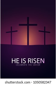 He is Risen. Celebrate the savior. Easter Church banner with cross, christian motive. Vector illustration