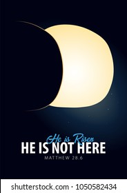 He is Risen. Celebrate the savior. Easter Church poster with open tomb, christian motive. Vector illustration