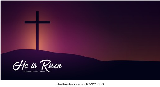 He is Risen. Celebrate the savior. Easter Church banner with cross, christian motive. Vector illustration.