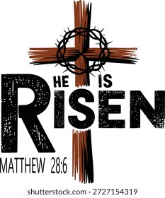 Ele é ressuscitado Cruz Cristã Tipografia com Coroa de Espinhos Mateus 28:6 Isolado no fundo branco