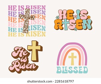 He Is Risen Christian Easter Retro 70s Typography Vector Quote Set Pastel Design